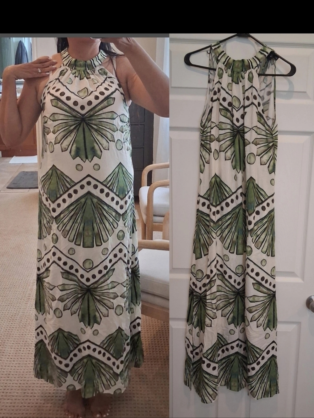 MSK Green, Brown, Off White High Neck Summer Maxi Dress Size Medium